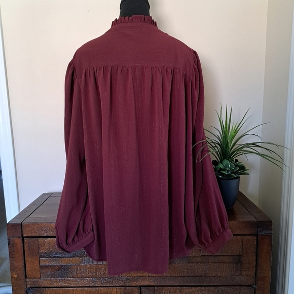 DKNY Women's Lurex Blouse Burgandy Long Sleeve Ruffle Top  NWOT - Picture 3 of 14